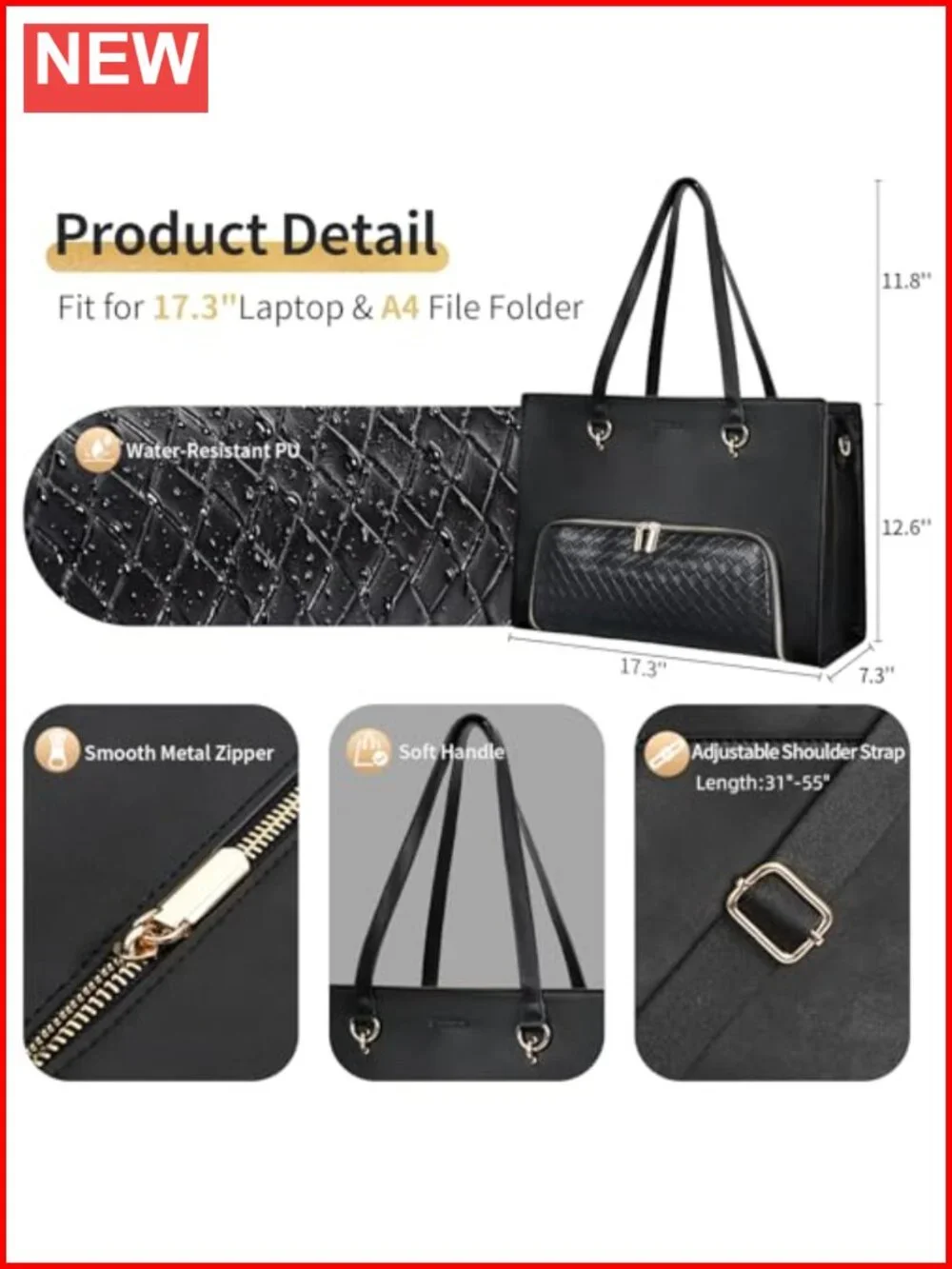 Women's PU Leather Laptop Tote Bag with Insulated Lunch Compartment, 17.3 inch,